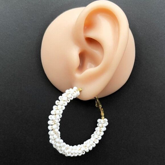 Yellow Gold Wire Wrapped White Beaded Open Round Hinged Post Hoop Earrings - Picture 8 of 9